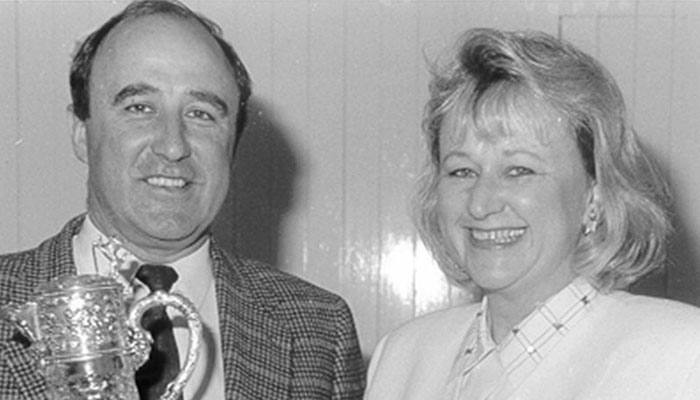 Neil and Lorraine Ashmead with the Jimmy Watson Trophy 1993 history of Elderton Wines Barossa winery