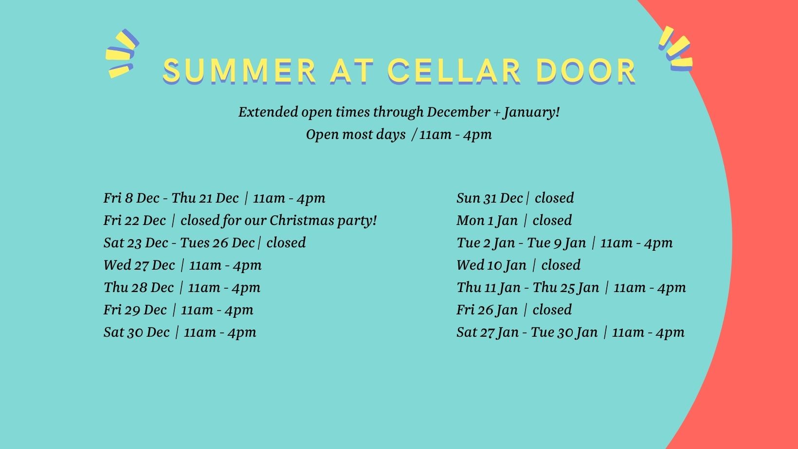 Small Victories 2023 summer and festive season at cellar door website