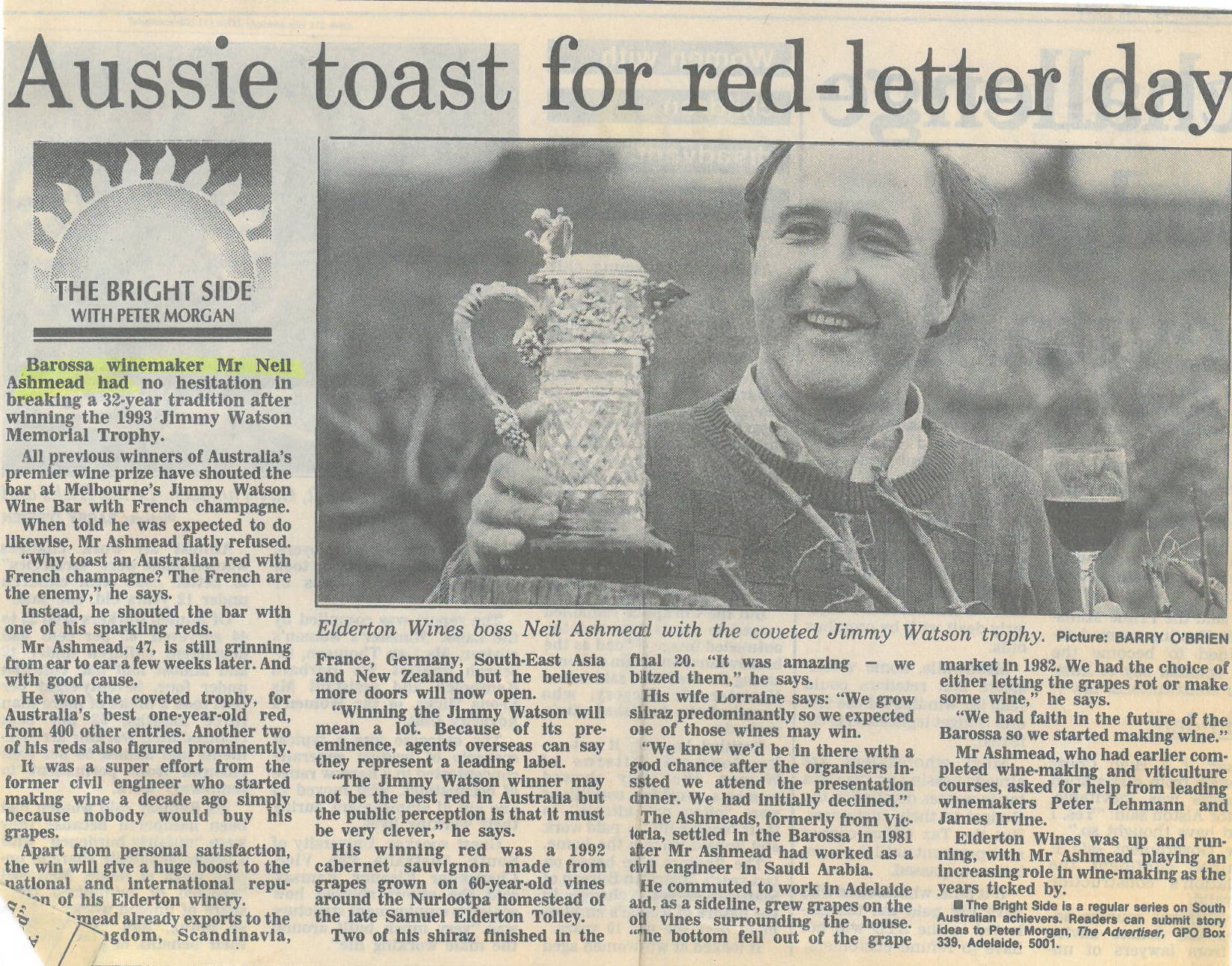 Article in The Advertiser 15SEPT93 re Jimmy Watson win